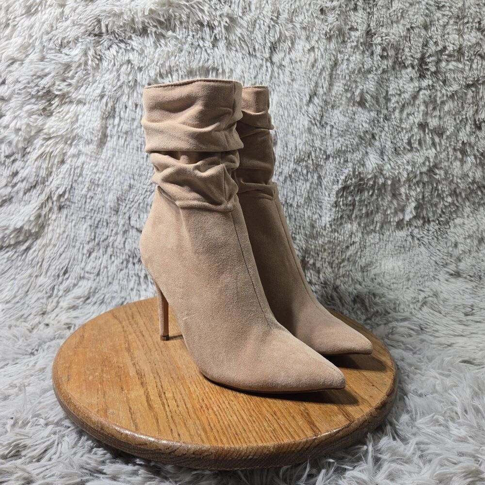 Pleated Women 8 Ankle Boots Faux Suede Pointed Toe Stiletto Heels with Zip Shoes